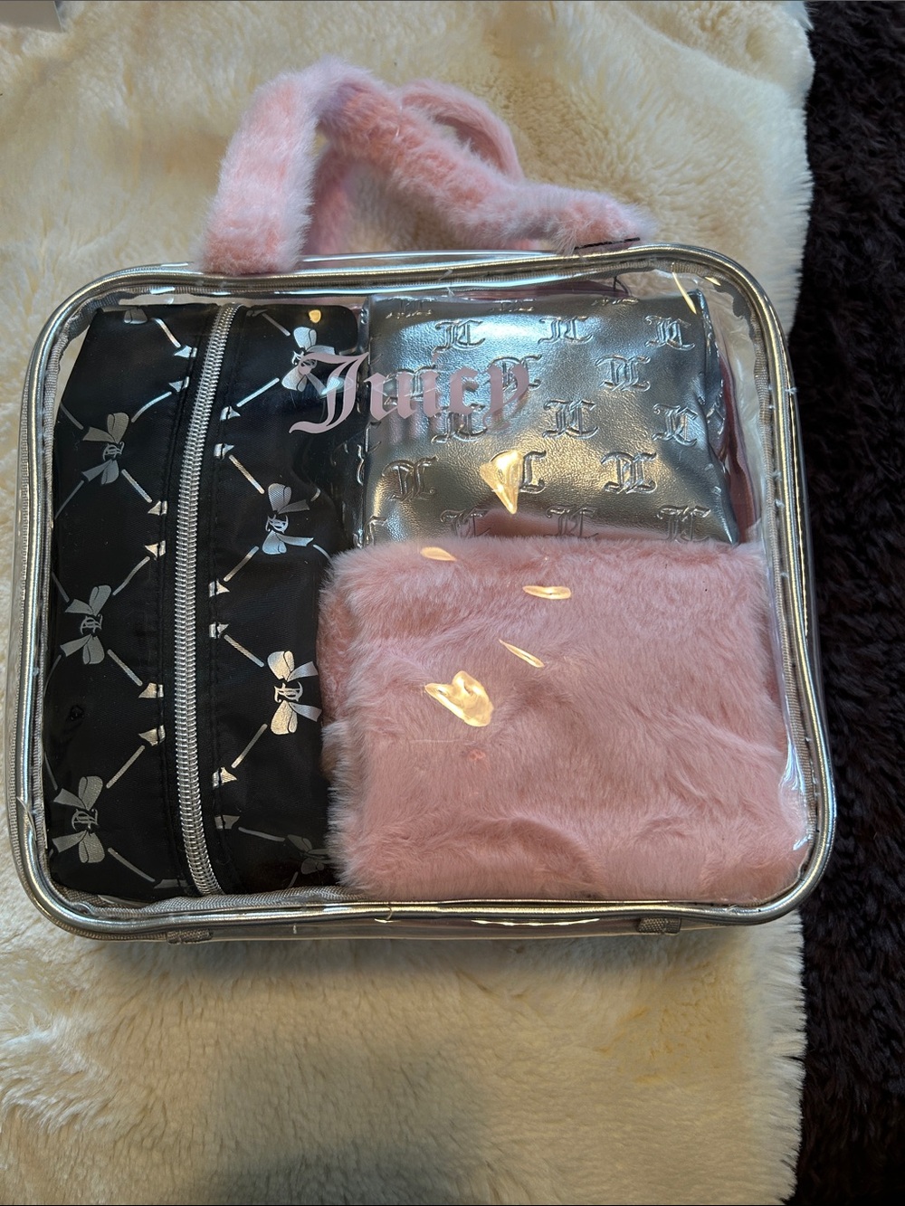 Juicy Couture Pink Faux-Fur & Silver Make Up Accessory Bag Set